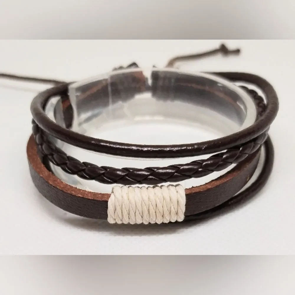 Men's bracelet leather braided‎ layered brown new e83